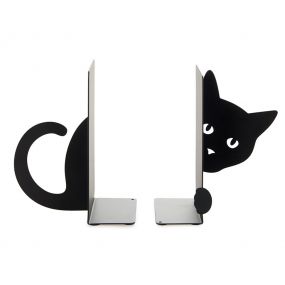 Balvi Boekensteun verborgen kat zwart metaal vooraanzicht zonder boeken