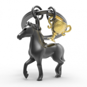 Metalmorphose sleutelhanger paard met trofee zwart